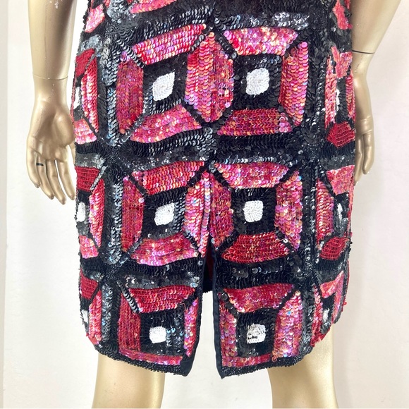 GORGEOUS 100% PURE SILK COLOR-BLOCK MOD/DECO VINTAGE SEQUIN SLEEVELESS DRESS L - Picture 6 of 10